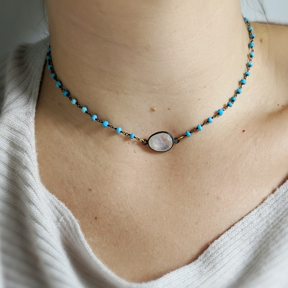Moonstone and Turquoise Oxidized Choker